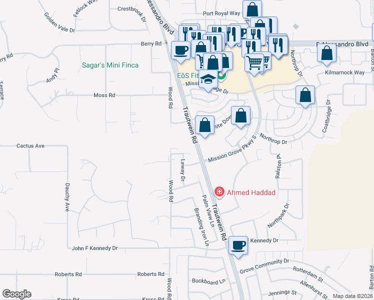 map of restaurants, bars, coffee shops, grocery stores, and more near 19136 Zamora Way in Riverside