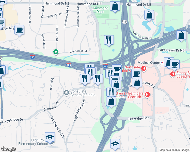 map of restaurants, bars, coffee shops, grocery stores, and more near 5620 Glenridge Drive in Atlanta