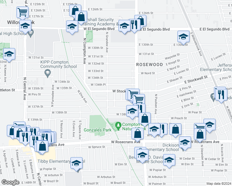 map of restaurants, bars, coffee shops, grocery stores, and more near 1720 North Graham Avenue in Compton