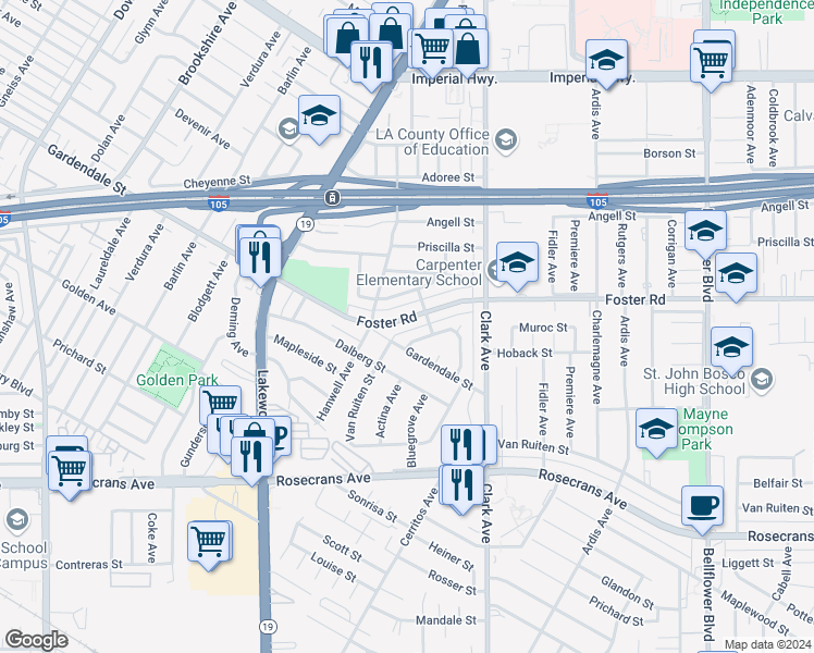 map of restaurants, bars, coffee shops, grocery stores, and more near 9236 Foster Road in Bellflower