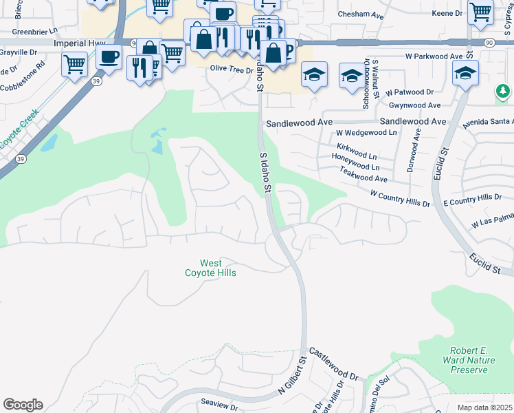 map of restaurants, bars, coffee shops, grocery stores, and more near 1910 South Watson Street in La Habra