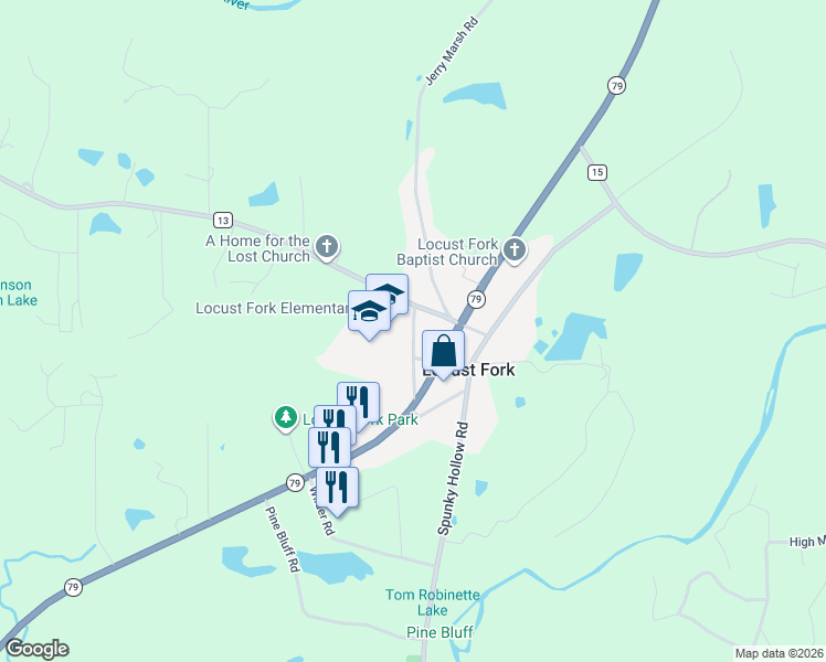 map of restaurants, bars, coffee shops, grocery stores, and more near 155 School Road in Locust Fork