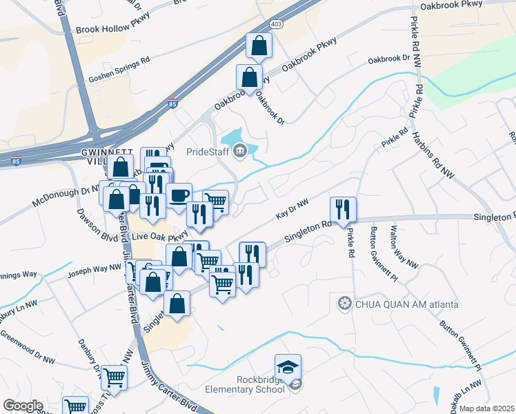 map of restaurants, bars, coffee shops, grocery stores, and more near 5931 Brookside Oak Circle in Norcross