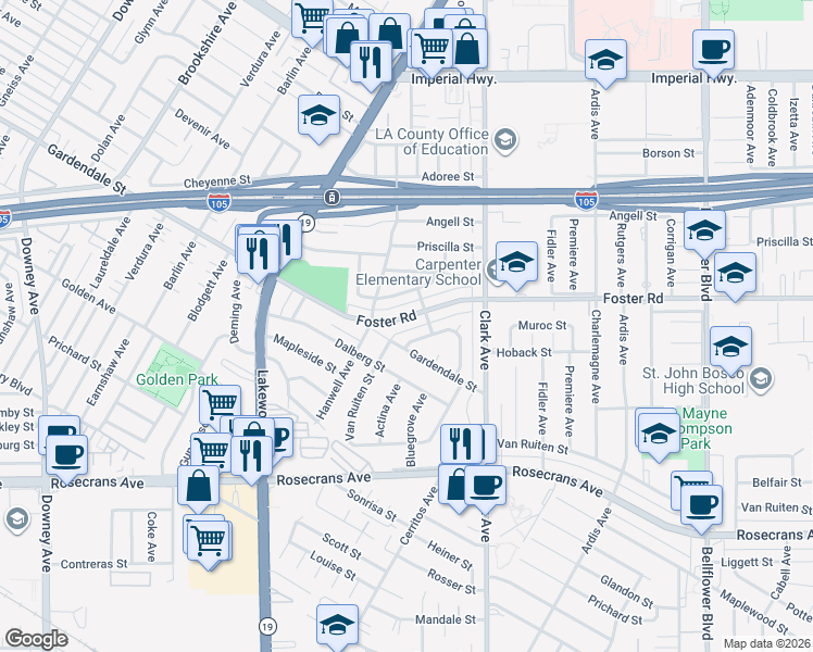 map of restaurants, bars, coffee shops, grocery stores, and more near 9236 Foster Road in Bellflower