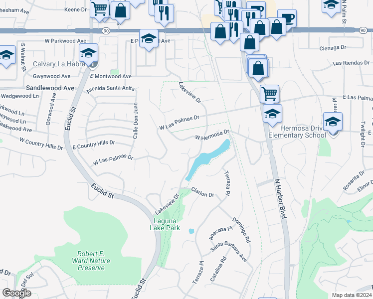 map of restaurants, bars, coffee shops, grocery stores, and more near 3209 North Lake Knoll Drive in Fullerton