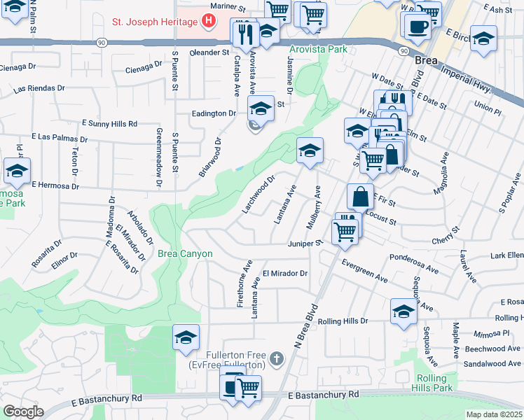 map of restaurants, bars, coffee shops, grocery stores, and more near 837 Wildrose Dr in Brea