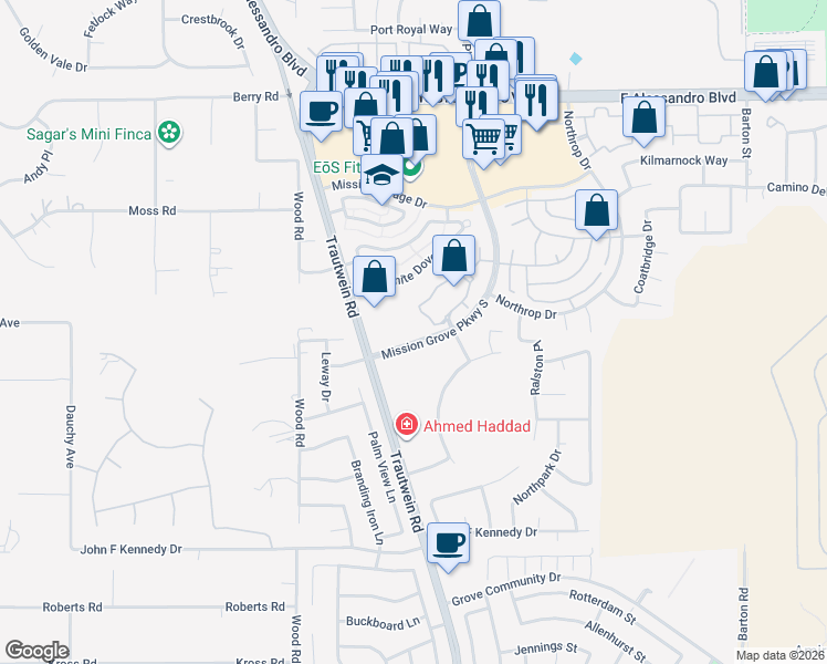 map of restaurants, bars, coffee shops, grocery stores, and more near 7887 Mission Grove Parkway South in Riverside