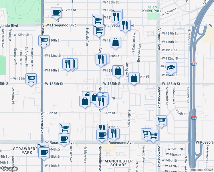 map of restaurants, bars, coffee shops, grocery stores, and more near 13505 Mariposa Avenue in Gardena
