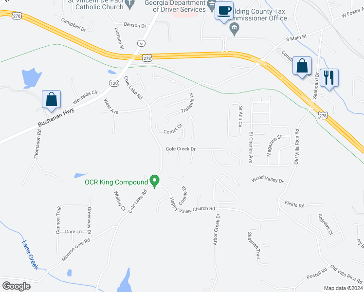 map of restaurants, bars, coffee shops, grocery stores, and more near 303 Cole Creek Drive in Dallas