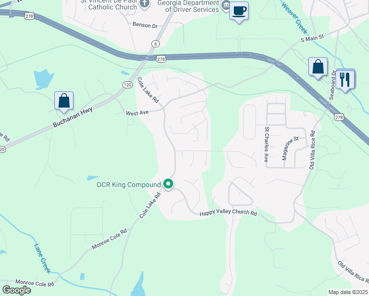 map of restaurants, bars, coffee shops, grocery stores, and more near 201 Cole Creek Drive in Dallas