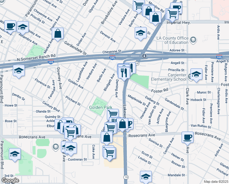 map of restaurants, bars, coffee shops, grocery stores, and more near 13213 Deming Avenue in Downey
