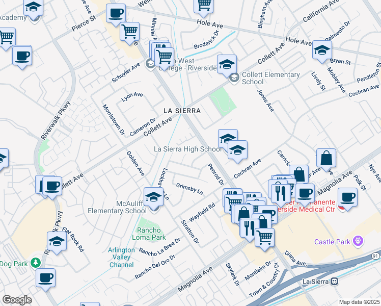 map of restaurants, bars, coffee shops, grocery stores, and more near 11130 Davenport Place in Riverside