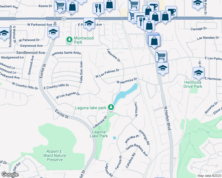 map of restaurants, bars, coffee shops, grocery stores, and more near 3209 North Lake Knoll Drive in Fullerton