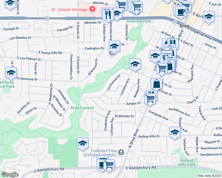 map of restaurants, bars, coffee shops, grocery stores, and more near 837 Wildrose Drive in Brea