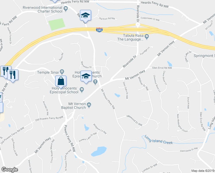 map of restaurants, bars, coffee shops, grocery stores, and more near 750 Mount Vernon Highway in Atlanta