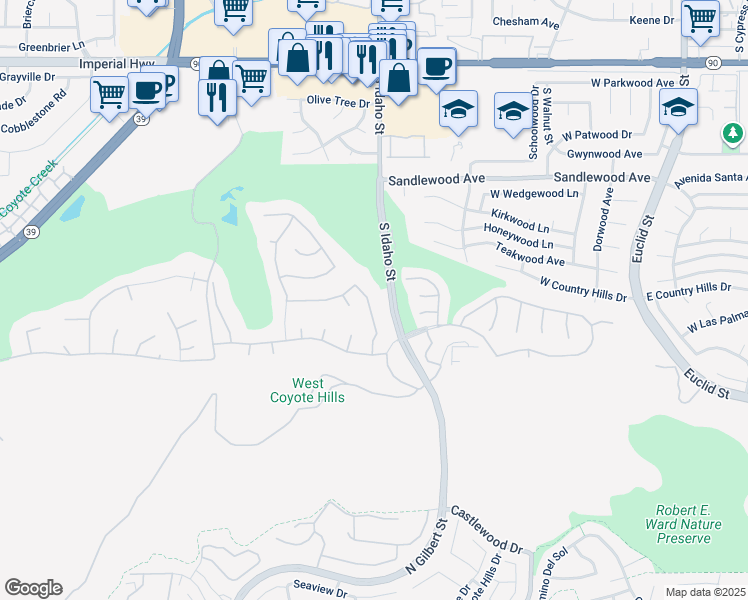 map of restaurants, bars, coffee shops, grocery stores, and more near 1910 South Watson Street in La Habra