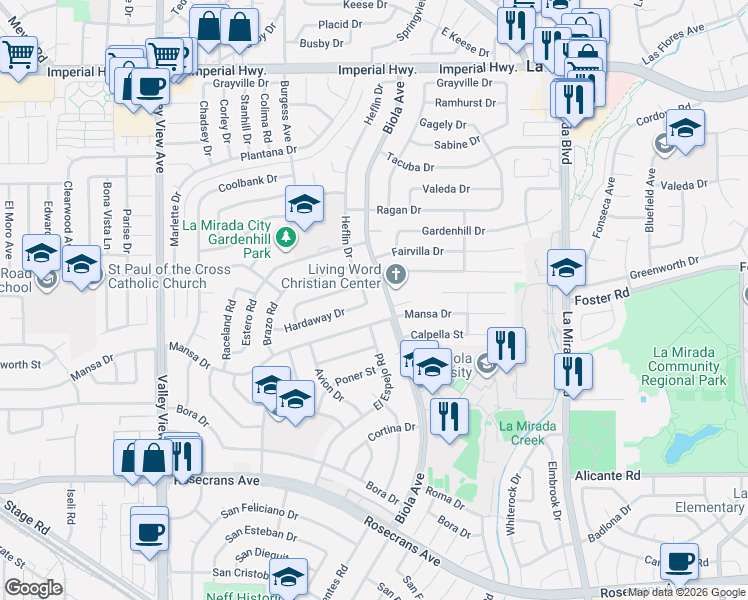 map of restaurants, bars, coffee shops, grocery stores, and more near 13520 Heflin Drive in La Mirada