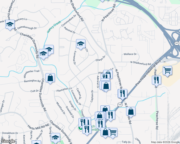 map of restaurants, bars, coffee shops, grocery stores, and more near 2122 Plantation Lane in Chamblee