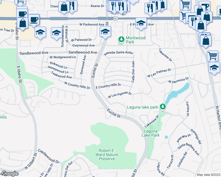 map of restaurants, bars, coffee shops, grocery stores, and more near 1820 Calle Don Guillermo in La Habra