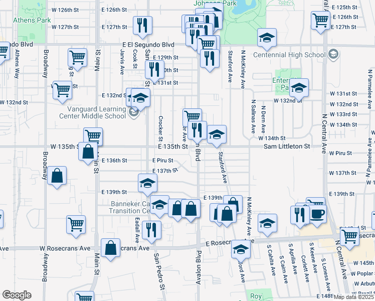 map of restaurants, bars, coffee shops, grocery stores, and more near 432 East 135th Street in Los Angeles
