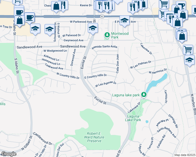 map of restaurants, bars, coffee shops, grocery stores, and more near 1820 Calle Don Guillermo in La Habra