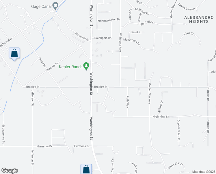 map of restaurants, bars, coffee shops, grocery stores, and more near Bradley Street in Riverside