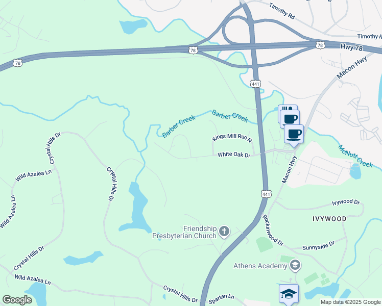 map of restaurants, bars, coffee shops, grocery stores, and more near 1012 Sweetwater Circle in Athens