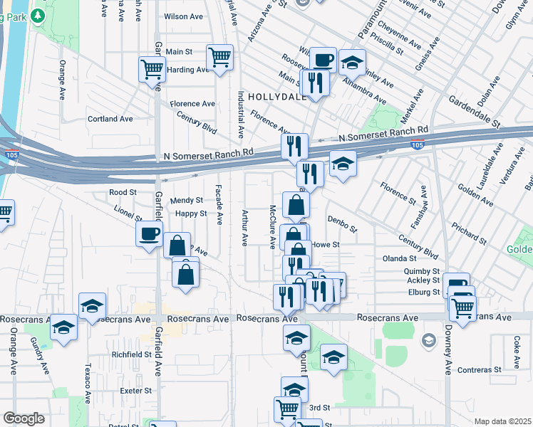 map of restaurants, bars, coffee shops, grocery stores, and more near 7836 Pearle Street in Paramount