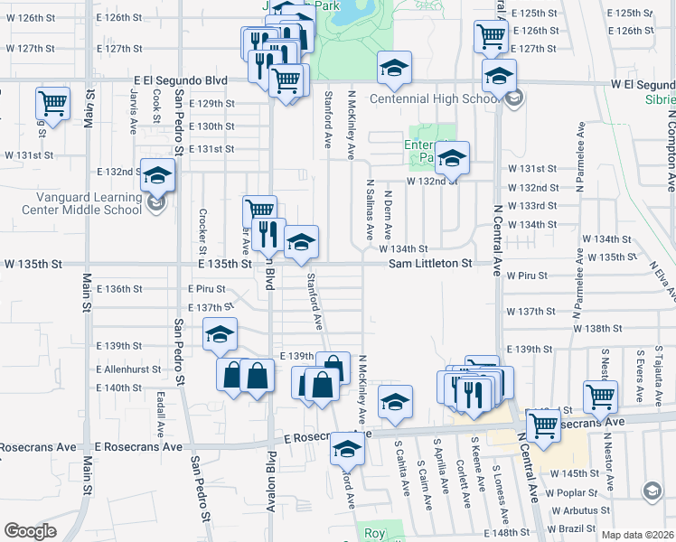 map of restaurants, bars, coffee shops, grocery stores, and more near 748 East 135th Street in Los Angeles