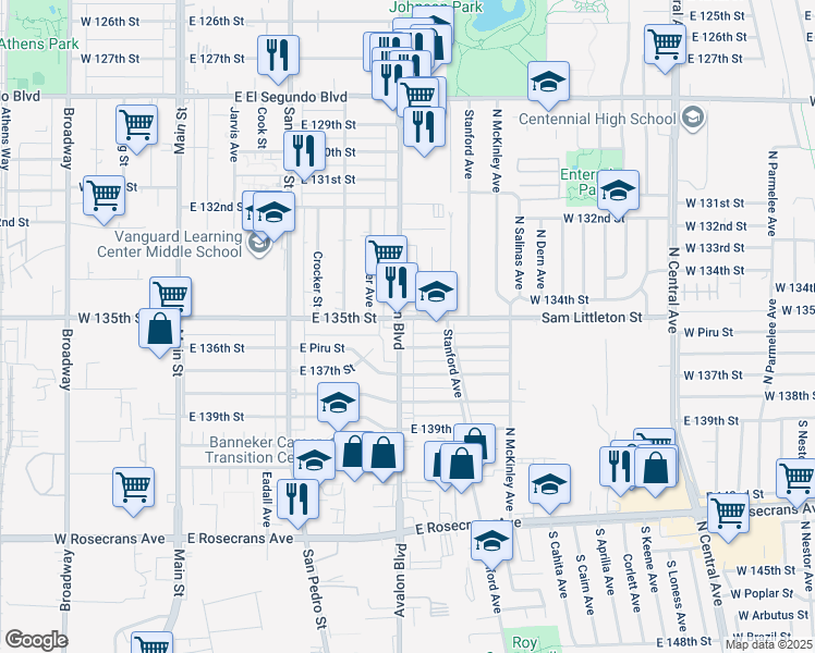 map of restaurants, bars, coffee shops, grocery stores, and more near 650 East 135th Street in Los Angeles