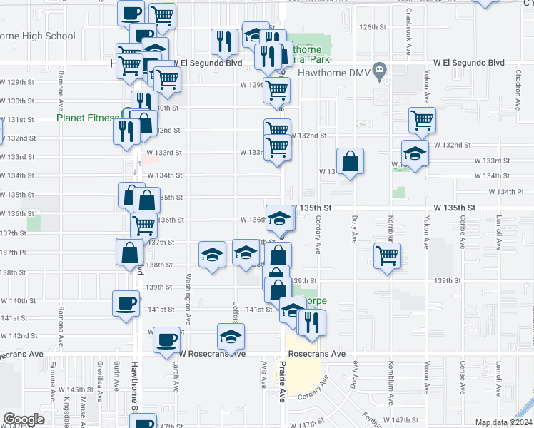 map of restaurants, bars, coffee shops, grocery stores, and more near 4067 West 136th Street in Hawthorne