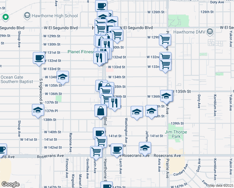 map of restaurants, bars, coffee shops, grocery stores, and more near 4381 West 136th Street in Hawthorne