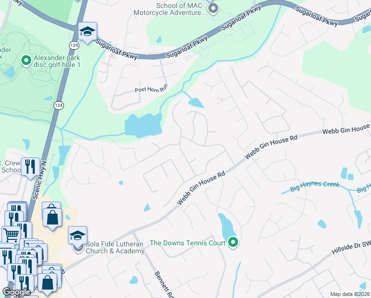 map of restaurants, bars, coffee shops, grocery stores, and more near 1428 Wood Iris Lane in Lawrenceville