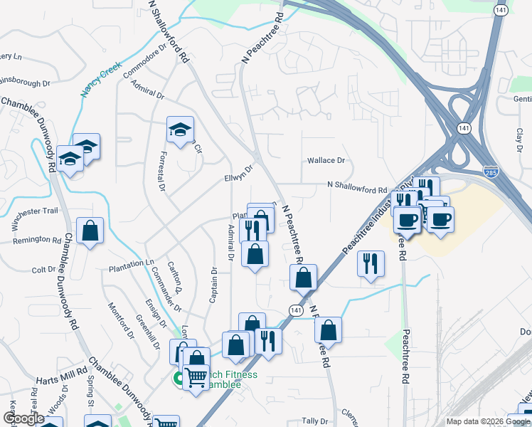 map of restaurants, bars, coffee shops, grocery stores, and more near 2197 Plantation Lane in Chamblee