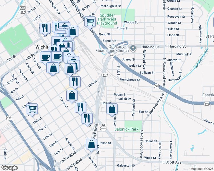 map of restaurants, bars, coffee shops, grocery stores, and more near 100 Park Street in Wichita Falls