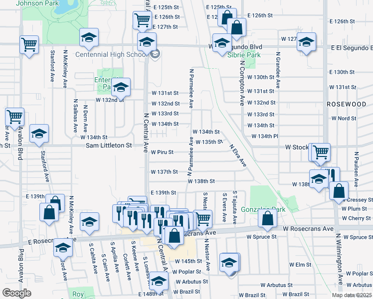 map of restaurants, bars, coffee shops, grocery stores, and more near 1607 West Piru Street in Compton