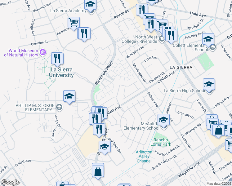 map of restaurants, bars, coffee shops, grocery stores, and more near 4368 Countrydale Road in Riverside