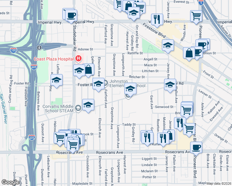 map of restaurants, bars, coffee shops, grocery stores, and more near 11241 Hoback Street in Norwalk