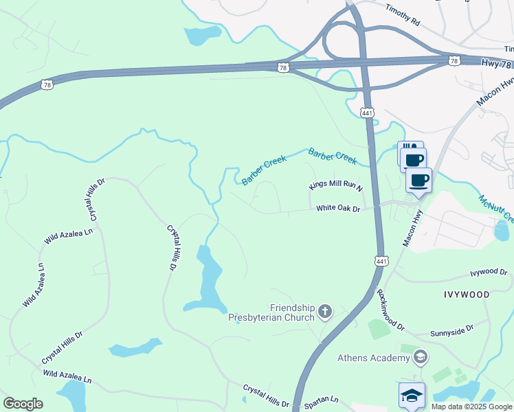 map of restaurants, bars, coffee shops, grocery stores, and more near 1332 White Oak Drive in Athens
