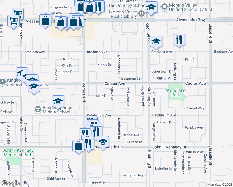 map of restaurants, bars, coffee shops, grocery stores, and more near 25252 Billie Drive in Moreno Valley