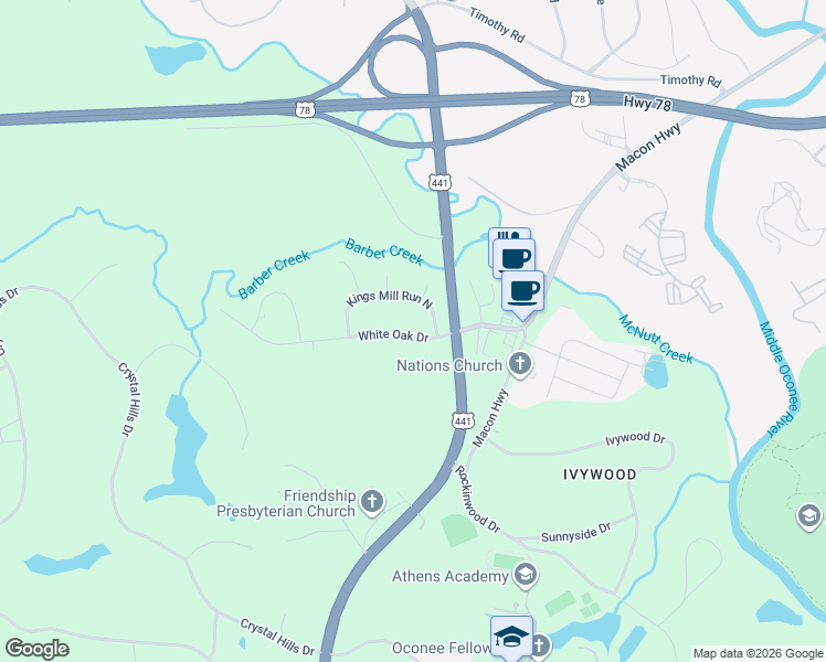 map of restaurants, bars, coffee shops, grocery stores, and more near 1140 White Oak Drive in Athens