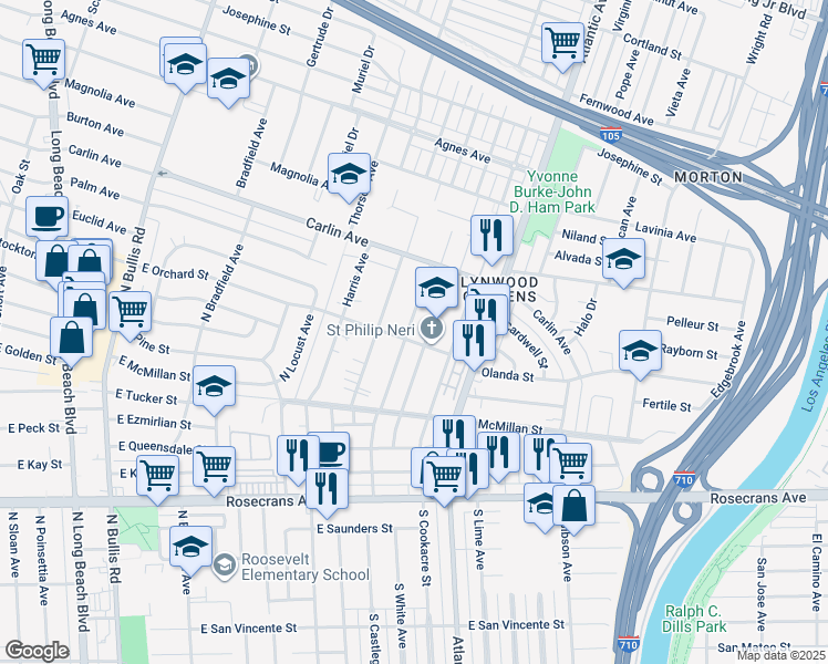 map of restaurants, bars, coffee shops, grocery stores, and more near 1806 North Castlegate Avenue in Compton