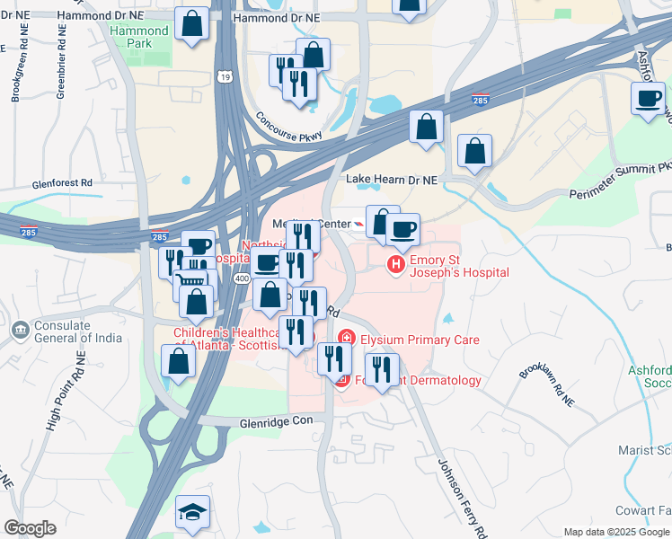 map of restaurants, bars, coffee shops, grocery stores, and more near Hollis Cobb Circle Northeast in Sandy Springs
