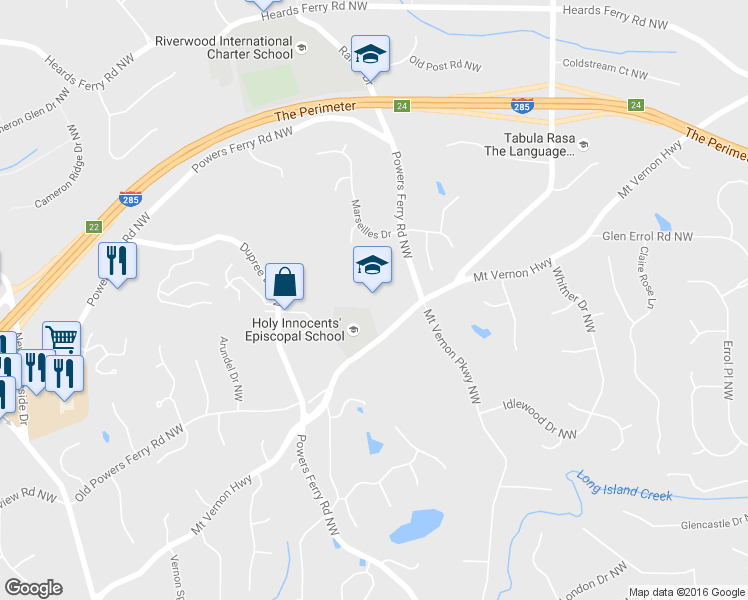 map of restaurants, bars, coffee shops, grocery stores, and more near 805 Mt Vernon Hwy NW in Atlanta