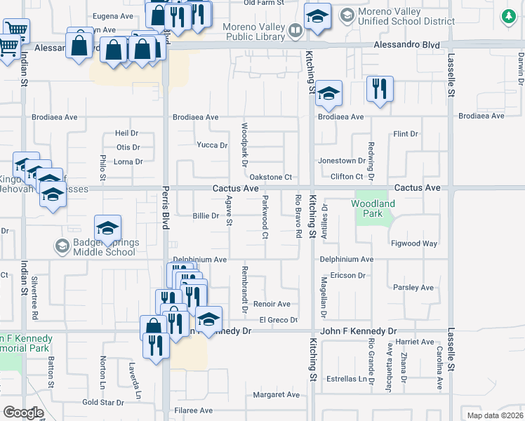 map of restaurants, bars, coffee shops, grocery stores, and more near 25322 Billie Drive in Moreno Valley