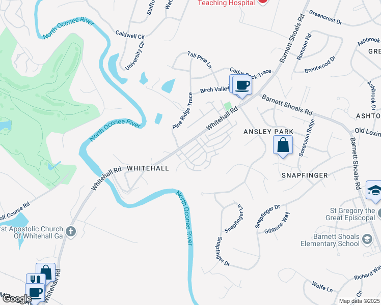map of restaurants, bars, coffee shops, grocery stores, and more near 221 Center Park Lane in Athens