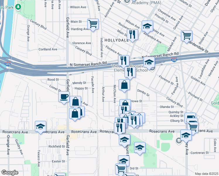 map of restaurants, bars, coffee shops, grocery stores, and more near 7828 Pearle Street in Paramount