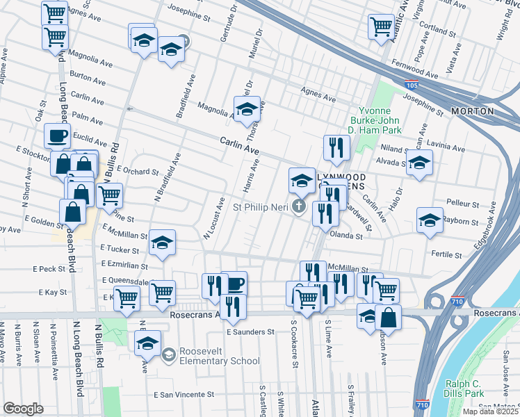 map of restaurants, bars, coffee shops, grocery stores, and more near 12601 Waldorf Drive in Lynwood