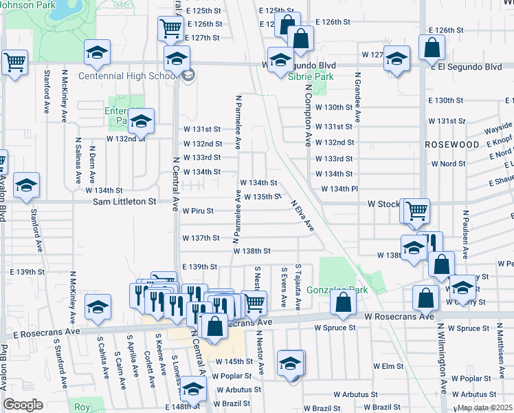 map of restaurants, bars, coffee shops, grocery stores, and more near 1413 West Piru Street in Compton