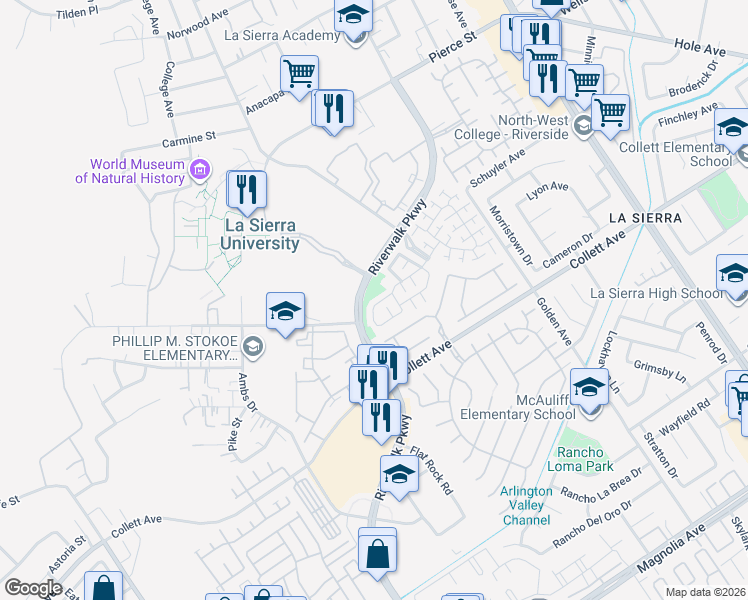map of restaurants, bars, coffee shops, grocery stores, and more near 11559 Park Trails Court in Riverside